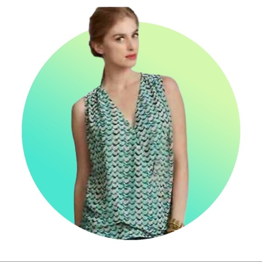 Cabi Blue Green Tweet Bird Print Sleeveless Blouse Top Size Medium